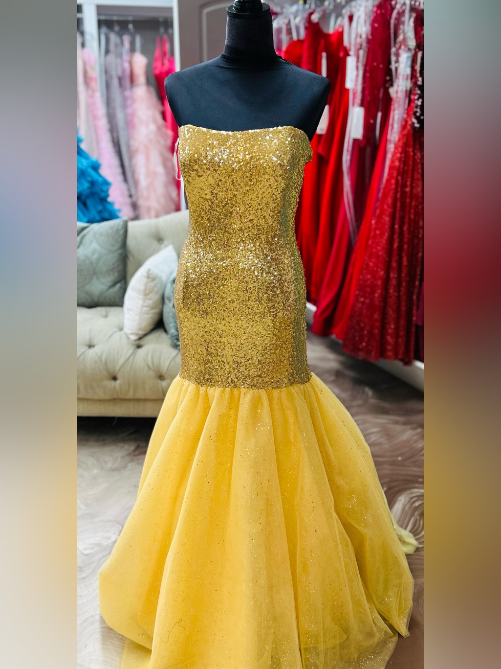 Sherri Hill Gold Sequin Strapless Mermaid Gown For Kids